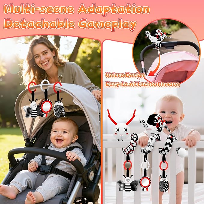 Spiral Car Seat Baby Toys 0-6 Months, Activity High Contrast Black White Sensory Toys with Wrist Rattles Set Hanging Stroller Accessories, Newborn Adjustable Carseat Toys for Baby Boys Girls