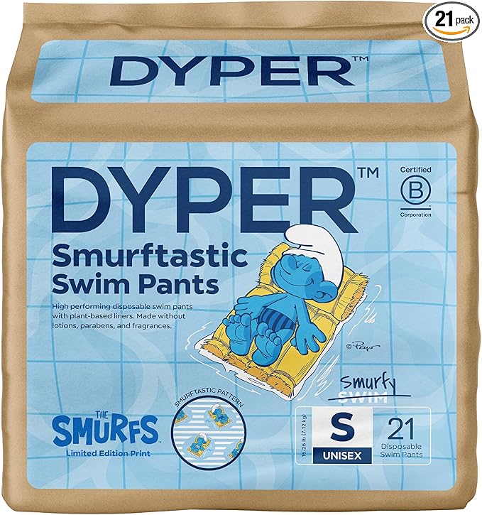 DYPER Smurftastic Baby Swim Diapers (21 Count), Hypoallergenic Plant-Based Baby Swim Diaper | Eco-Friendly & Absorbent Swimming Diapers for Babies, Size S