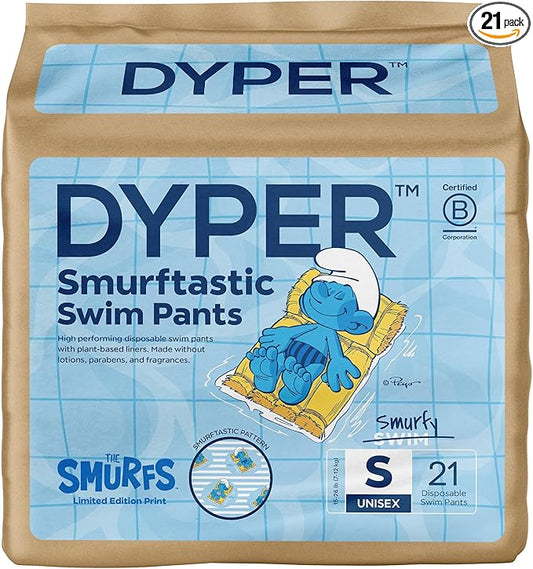 DYPER Smurftastic Baby Swim Diapers (21 Count), Hypoallergenic Plant-Based Baby Swim Diaper | Eco-Friendly & Absorbent Swimming Diapers for Babies, Size S
