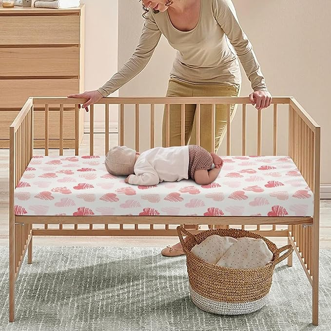 Pink Hearts Fitted Crib Sheet Line Heart Baby Crib Sheet Fit Standard Crib and Toddler Mattress,Crib Mattress Sheets for Boys Girls 28"x52"