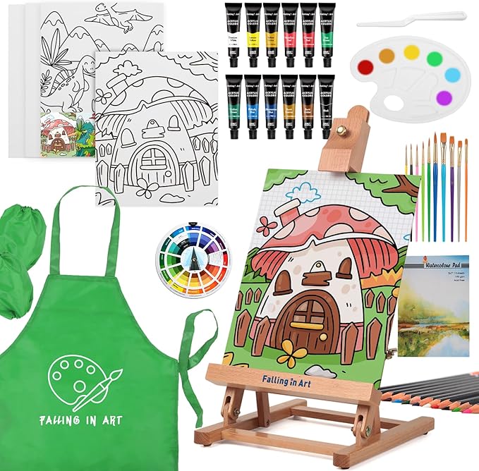 Falling in Art 52Pcs Acrylic Paint Set with Table Easel, Art Painting Kit with Acrylic Paints, Canvas Panels, Paintbrushes, Canvas Supplies Kit for Kids, Adults, Beginners, and Artists, Green