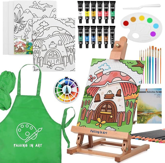 Falling in Art 52Pcs Acrylic Paint Set with Table Easel, Art Painting Kit with Acrylic Paints, Canvas Panels, Paintbrushes, Canvas Supplies Kit for Kids, Adults, Beginners, and Artists, Green
