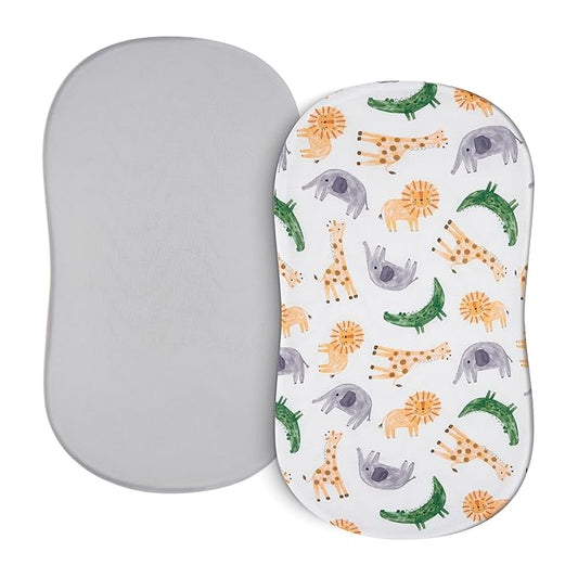 TILLYOU Baby Bassinet Sheets for Girls Boys, Fit for Hourglass Oval Rectangle Bassinet Mattress Sheets, 33”X16”, 2 Pack African Steppe & Grey