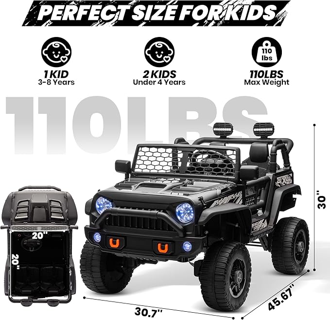 24V Ride On Toys for Big Kids, MOEYURO 2 Seater Ride on Cars with 4WD/2WD Switchable, 20'' Wide Seat, Ride on Truck w/Remote Control, 4-Wheeler Suspension, Power Car Wheelers for Kid Boys Girls, Black