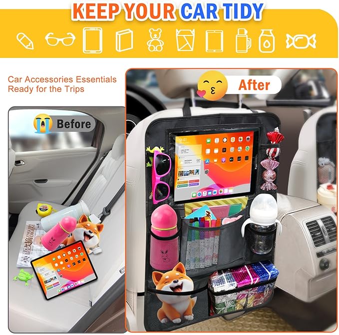 Etre Jeune Backseat Organizer for Car, 2 PCS Seat Back Cover for Kids Toddlers with 10 Storage Pockets & 11″ Tablet Holder, Waterproof Back Seat Protector for Snacks Toys, Travel Accessories