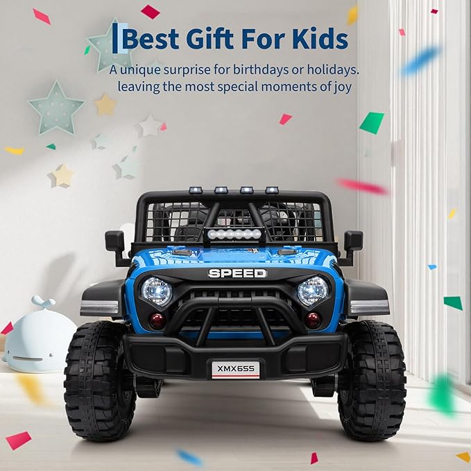 24V 2-Seater Kids Electric Truck with Parent Remote Control, 100Min Ride-on Car, 4WD Dual Motor, 2 Speeds, Spring Shock Absorber, LED Headlights, Siblings Gift Kids Electric Vehicle, Blue