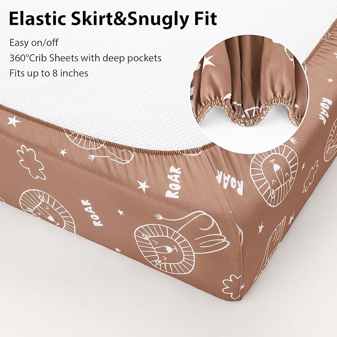 Baby Crib Sheets for Boys and Girls, 3 Pack Fitted Toddler Bed Sheets Neutral for 52”x28” Standard Crib and Toddler Mattresses, Super Soft Microfiber Brown Lion