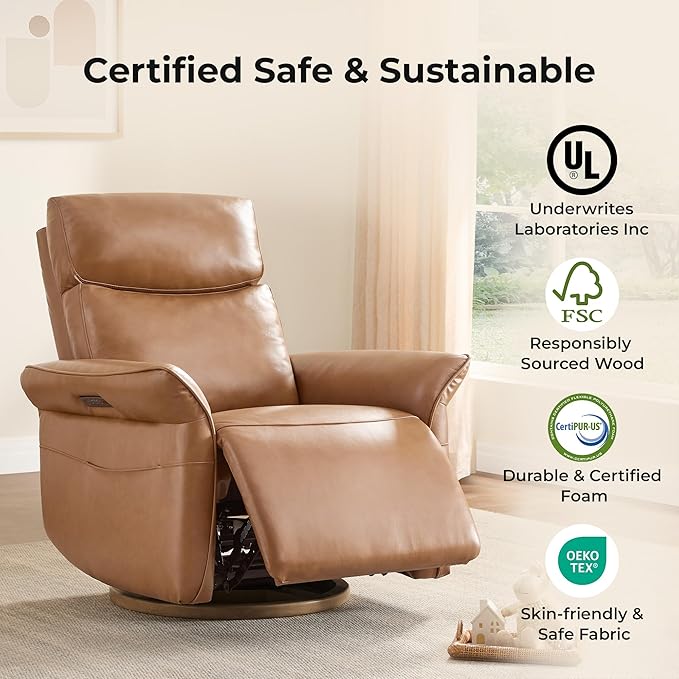 CHITA Genuine Leather Power Recliner Chair, Electric Triple-Motor Swivel Glider Nursery Rocking Chair with Adjustable Power Headrest and Lumbar Support, Solid Wood Base, Saddle Brown