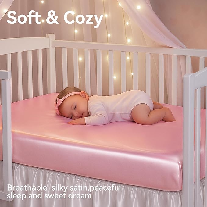 Satin Soft Crib Sheet 2 Pack, Great for Baby with Sensitive Hair, Silky Baby Sheet 52’’x28’’x8’’ Fitted Sheets for Girls (Pink & Purple)