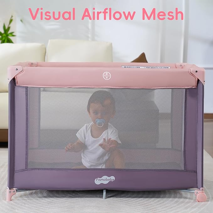 Pamo Babe Pack and Play with Bassinet, Pink Portable Playard for Baby