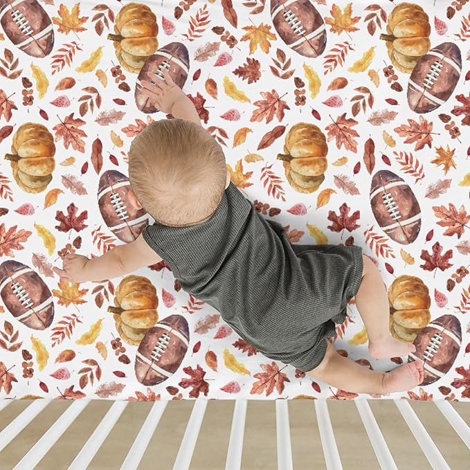 Autumn Football Pumpkin Leaves Baby Crib Sheets for Boy Girl 52"x28" Fall American Football Maple Soft Snug Fitted Crib Mattress Cover Thanksgiving Sports Baby Sheet for Crib & Toddler Bed Mattress