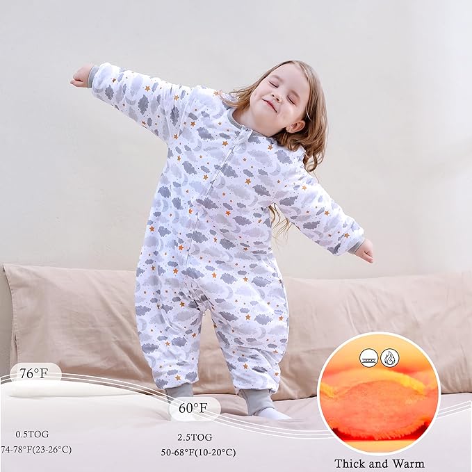 Toddler Sleep Sacks 2.5 TOG Winter Long Sleeve Sleep Sack with Legs 2-Way Zipper Baby Wearable Blanket