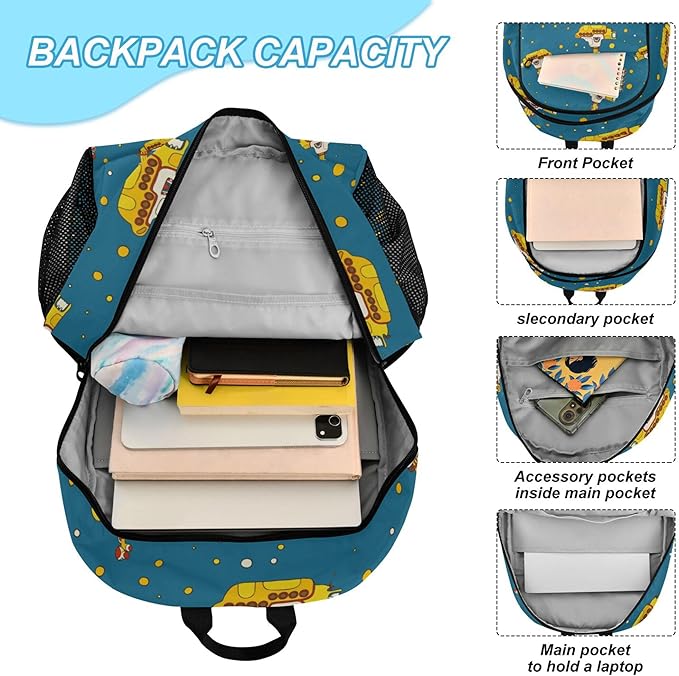 Jucciaco Yellow Submarine Backpack with Lunch Bag, School Travel Backpack for Teens Boys Girls Kids Backpacks Set