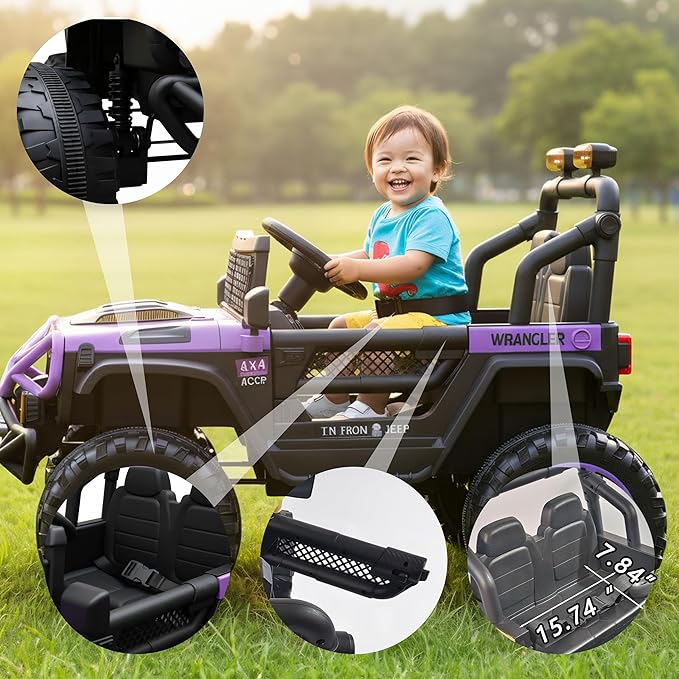 12V Kids Ride On Jeep-Style Car with Remote Control, Bluetooth Music & Stories, LED Headlights, Shock Absorption, Double Doors with Lock, Safe Speed, Battery Powered Electric Vehicle for Boys & Girls