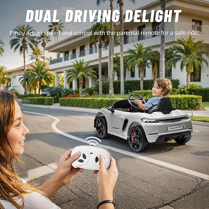 First Ride On 12V Ride on Car for Kids, Licensed Porsche 718 Spyder Battery Powered Ride on Toy, Child Electric Car w/Music, USB, MP3, Bluetooth, 3 Speeds, Wheels Suspension, Led Lights (White)