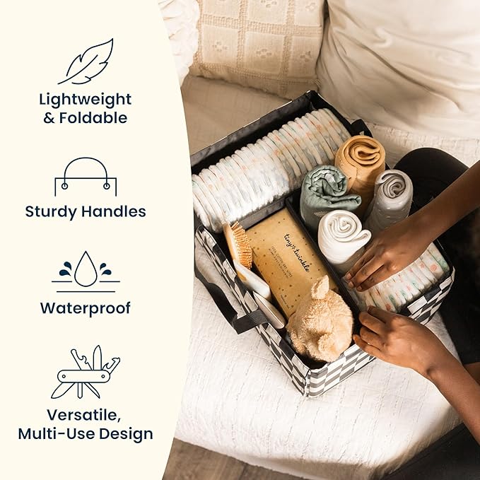 Tiny Twinkle Diaper Caddy Organizer | Foldable Baby Storage Basket with Removable Divider | Waterproof & Mess-Proof Fabric, Portable Nursery Organizer for Newborn Essentials (Blue Checkers)