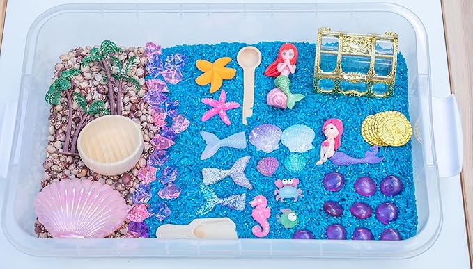 Mermaid Sensory Bin Kit for Kids – Blue Rice, Pinto Beans, Mermaids, Gems, Shells & Treasure Chest – Ocean-Themed Sensory Play with Storage Bin