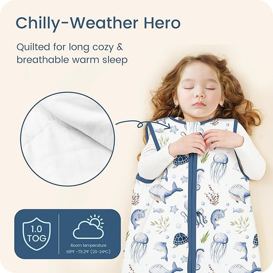 1.0 TOG Toddler Sleep Sack, Wearable Blanket Baby Sleeping Bag with 2-way Safe Zipper, Ultra Soft All Season Sleep Sack for 24-36-48 Months, 1 Pack(Ocean Animals)