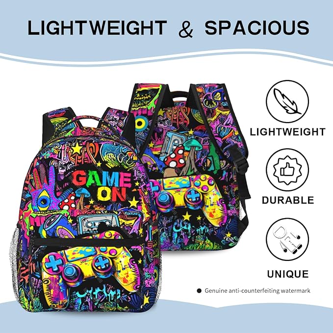 Nebcog School Backpack for Boys Gamer Boys Backpack for Kids Children Elementary Middle School Video Game Bookbag Backpacks for 6-18 Waterproof Lightweight 17 Inches Travel Back Pack