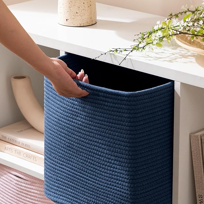joybest 13x13x13inch Cube Storage Bins Set of 4, Cotton Rope Woven Organizer Basket for Shelves, Cube Bin Square Shelves Organizer Closet Storage, Nursery, Toy Organization, Navy Blue