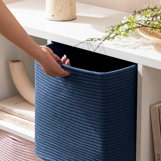 joybest 13x13x13inch Cube Storage Bins Set of 4, Cotton Rope Woven Organizer Basket for Shelves, Cube Bin Square Shelves Organizer Closet Storage, Nursery, Toy Organization, Navy Blue