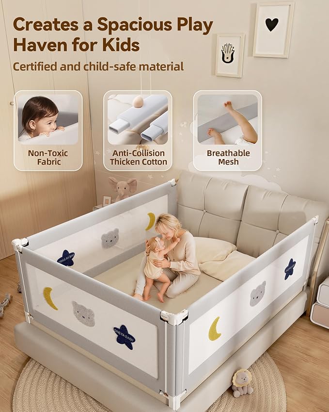 Baby Bed Rail Guard for Toddlers, Reinforced 78.7in Toddler Bed Rails for Queen, King Bed with Height Adjustable, Extral Tall Child Safety Side Railing Guards/Bedrail for Kids,Grey Star, 1 Side