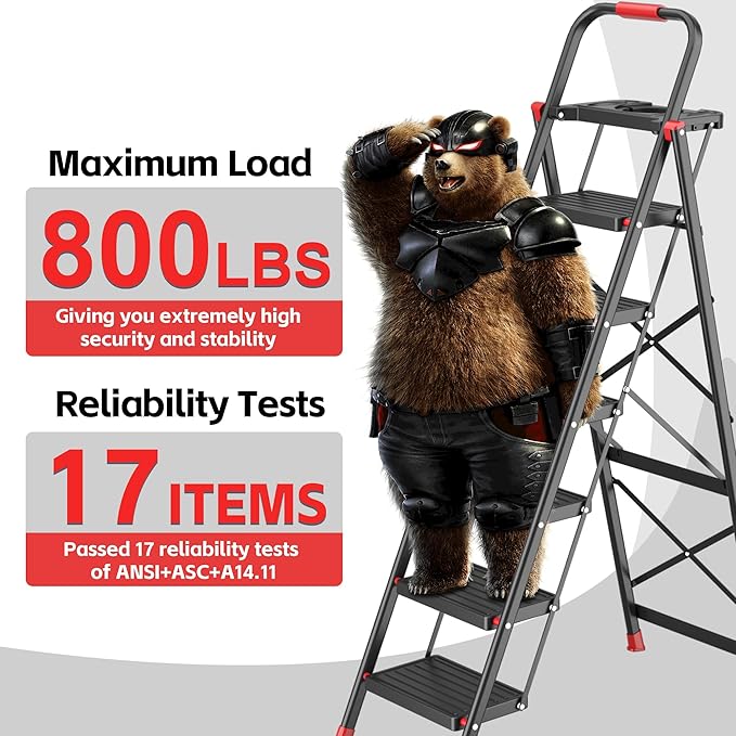 6 Step Foldable Step Ladder with Mutifunctional Tool Tray, Platform Ladders Stepstools, Step Stool 6 Step Folding with Non-Slip Pedals, 800lbs Bearing Capacity for Adults, Home, Kitchen, Black Red