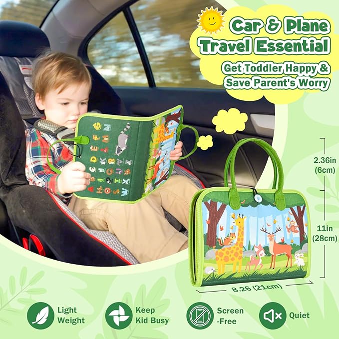 Busy Board Montessori Toys for 4 Years Old, Busy Books for Toddlers, Sensory Board Quiet Book Educational Activity Book for Toddlers 4-5, Toddler Travel Toys for Plane Car, Gifts for Boys Girl (Green)
