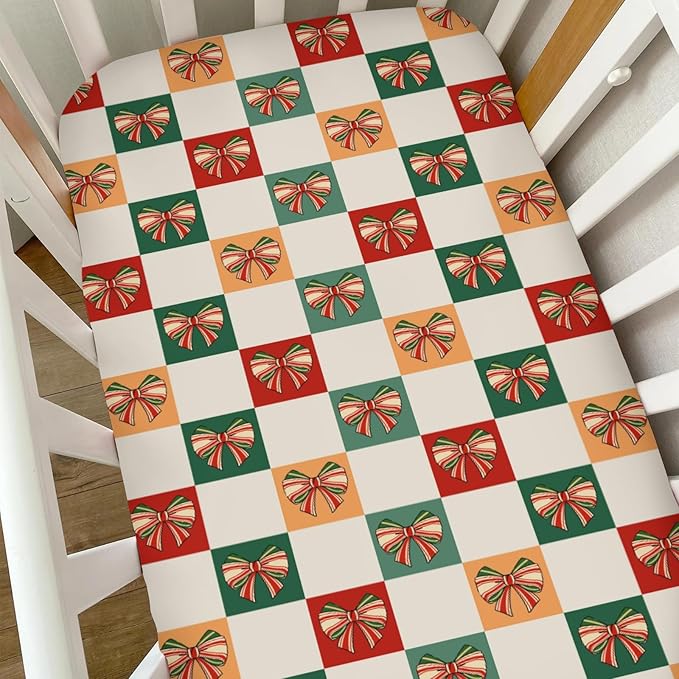 Checkerboard Christmas Bows Red Green Baby Crib Sheets for Boy Girl Vintage Bows Checkered Soft Snug Fitted Crib Mattress Covers for 52''x28'' Standard Crib & Toddler Mattress Ribbon Baby Bed Sheets