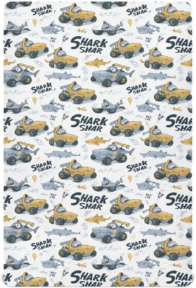 White Shark Race Cars Crib Sheets Standard Crib Toddler Mattresses Cover Fitted Baby Bed Sheet Breathable Crib Mattress Sheet for Girls Boys 39''x27''x9''
