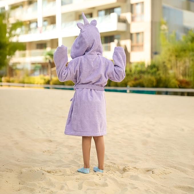 BAGNO MILANO Kids Organic Turkish Cotton Hooded Beach Cover-Up Towel, GOTS Certified, for Boys and Girls (Unicorn Purple, 3-4 Years)