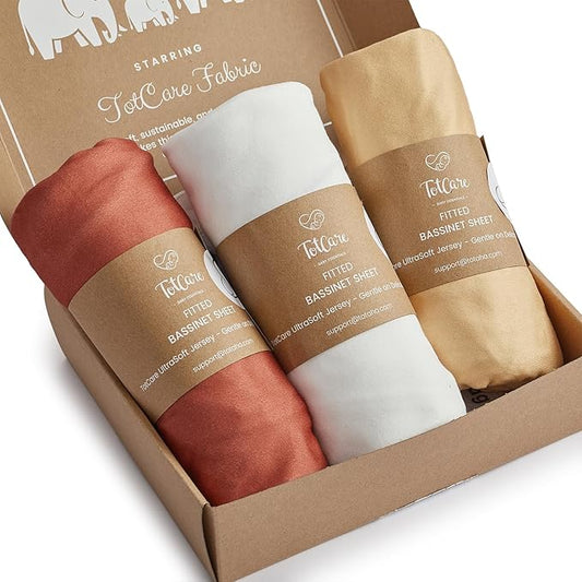 Bassinet Fitted Sheets for Chicco LullaGo Anywhere, Baby Bjorn Cradle and 14 x 29 Mattress Pad - Buttery Soft, Premium Stretchy Jersey Knit Sheets - Burnt Orange+Mustard Yellow+ Gray, 3 Pack