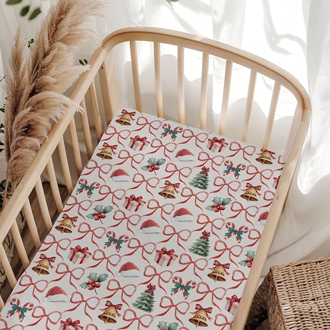 Red and Green Christmas Stripe Baby Crib Sheets for Boy Girl 52"x28" Santa Hat Fir Trees Gift Bows Soft Snug Fitted Crib Mattress Cover Winter Holiday Baby Sheet for Standard Crib & Toddler Mattress