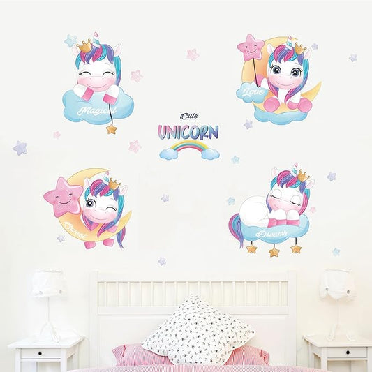 Ollaland Unicorns Wall Decals - Colourful Peel and Stick Cute Unicorn Wall Stickers, Decor for Baby Nursery, Toddler & Kids Bedroom Walls