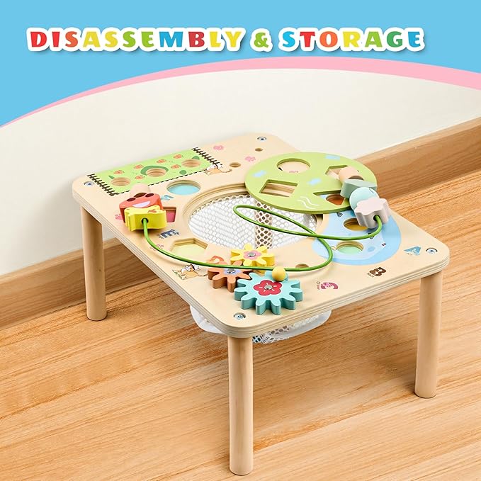 wingyz Activity Table, 6 in 1 Wooden Montessori Activity Center with Bead Maze Shape Sorter Fishing Game, Kids Sensory Play Table Toddler Toys 1st Birthday Gifts Boy Girl(Morandi-Square)
