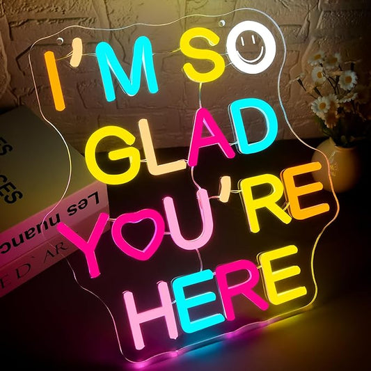 I'm So Glad You Are Here Neon Sign for Wall Decor Dimmable Welcome Sign for Classroom Inspirational Positive Wall Art Decor for Party Home Gym Office Bedroom Gifts for Teens Size 11.8*10.9in(GLNP244)