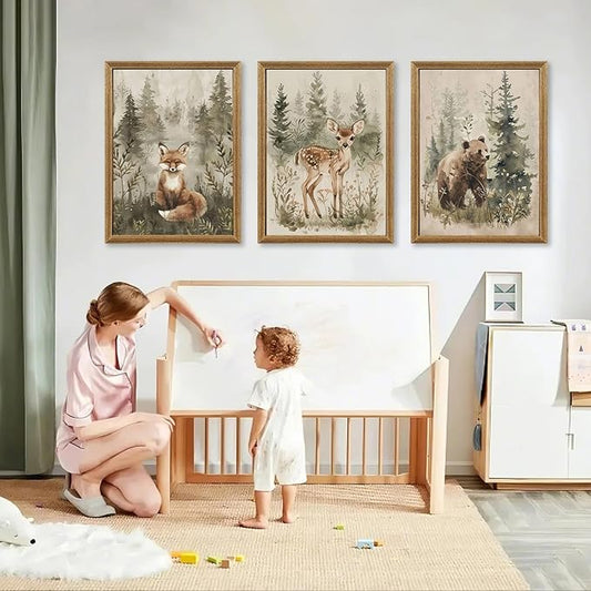 ICHZUMW Woodland Nursery Decor Wall Art Set of 3, Cute Forest Animals Canvas Prints Bear Fox Deer Pictures, Nature Watercolor Paintings for Baby Room Kids Bedroom Playroom, Neutral Artwork, 16x24in