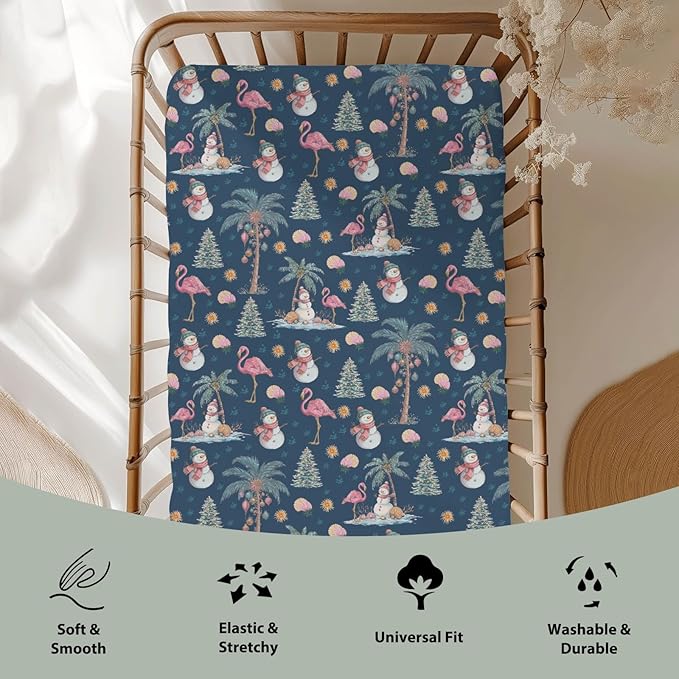 Preppy Beach Christmas Baby Crib Sheets for Boy Girl 52x28 Flamingo Palm Trees Snowmen Coastal Soft Snug Fitted Crib Mattress Cover Tropical Christmas Baby Sheet for Standard Crib & Toddler Mattress