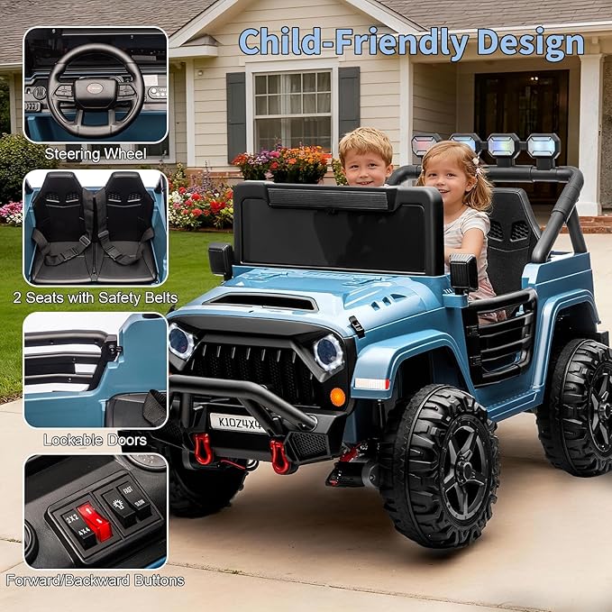 24V Ride on Toys for Big Kids, 2 Seater Ride on Cars with Remote Control, Ride on Truck w/ 4-Wheeler Suspension, 3 Speeds, Led Lights, Bluetooth Music Player
