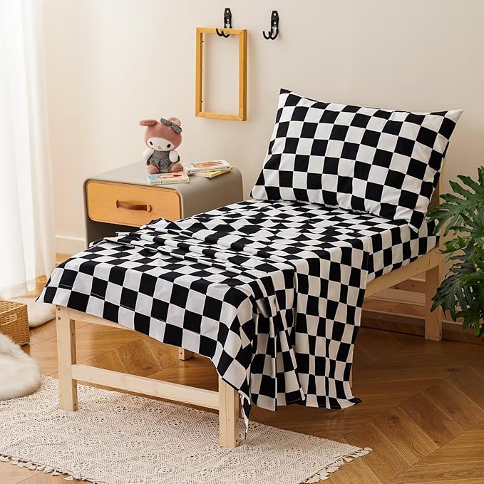 CLOTHKNOW 4 Pieces Plaid Toddler Bedding Sets for Boys Grils, Black White Grid Pattern, Soft Crib Bed Set Including Comforter, Flat Sheet, Fitted Sheet and Pillowcase, Black White