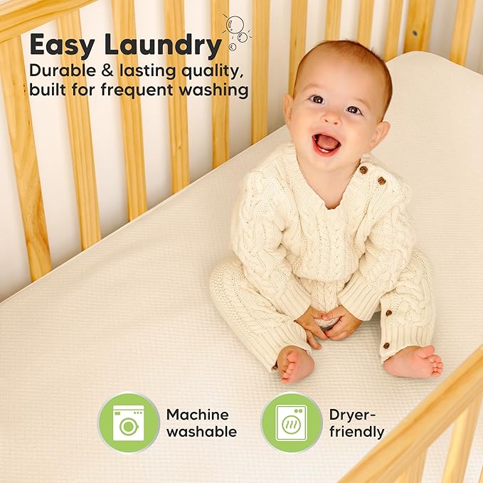 2-Pack Waterproof Crib Mattress Protector Cover Fitted - Quiet Baby Crib Mattress Pad Sheets, 52" x 28" Soft Quilted Cotton Baby Sheet, Machine Washable, Easy Fit, Durable (Ecru/Quin)