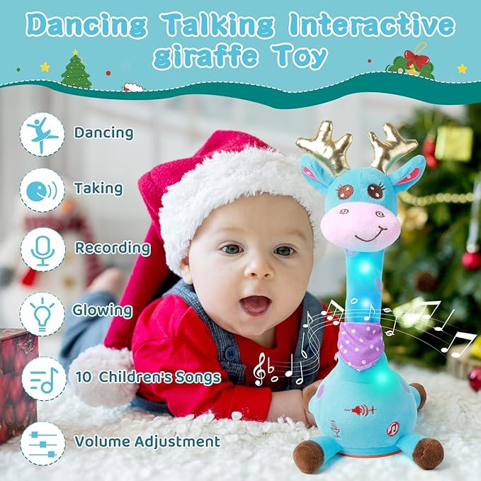 Dancing Talking Giraffe with Golden Antlers Toy, Stuffed Animal Baby Toy Repeating What You Say, Musical Toy with Golden Anlters Gifts for Toddlers 1-3 Years Old (Blue Giraffe Antlers)