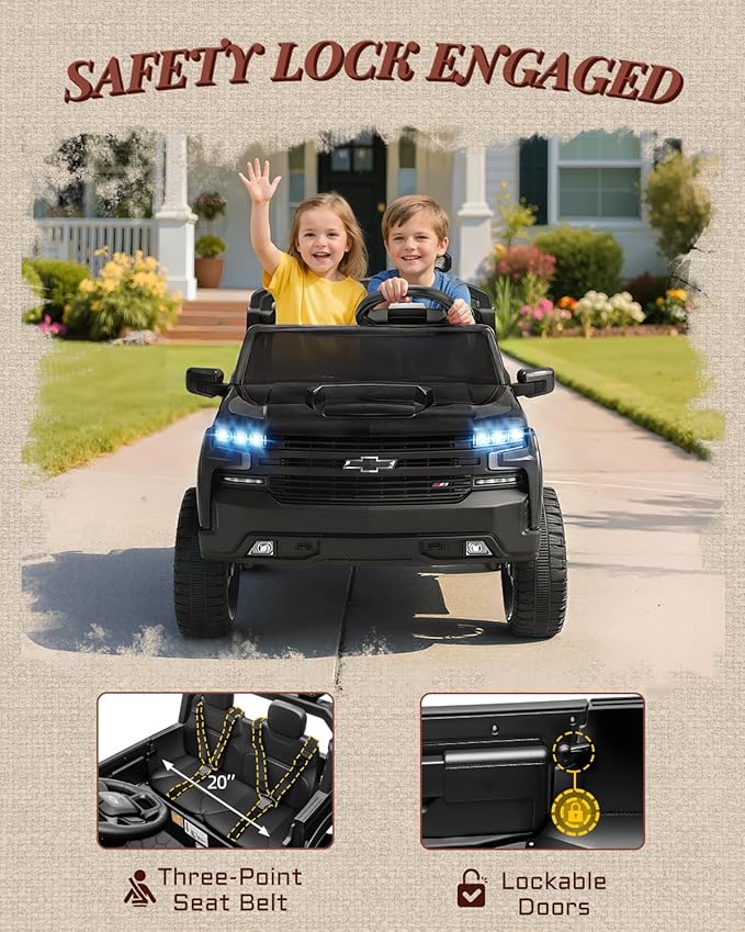 First Ride On 24V 2 Seater Ride on Toys Licensed Chevrolet Silverado, Electric Vehicle with Remote Control and Seat Belts, Electric Ride On Truck wtih Trunk, Bluetooth and LED Lights (Black)