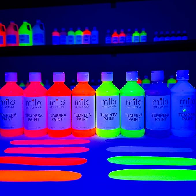 milo Fluorescent Neon Washable Paint | 8 oz Bottles 8 Colors | Made in the USA | Glows UV in Black Light | Safe & Non-Toxic Tempera Paint for Art & Craft, Poster, Window, Classroom, School