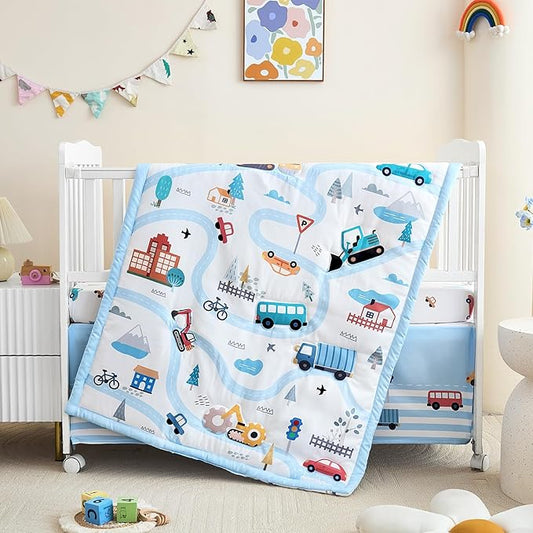 3-Piece Crib Bedding Set for Boys Girls - Soft & Skin Friendly Baby Bedding Set Includes Crib Comforter, Sheet & Crib Skirt (Light Blue)