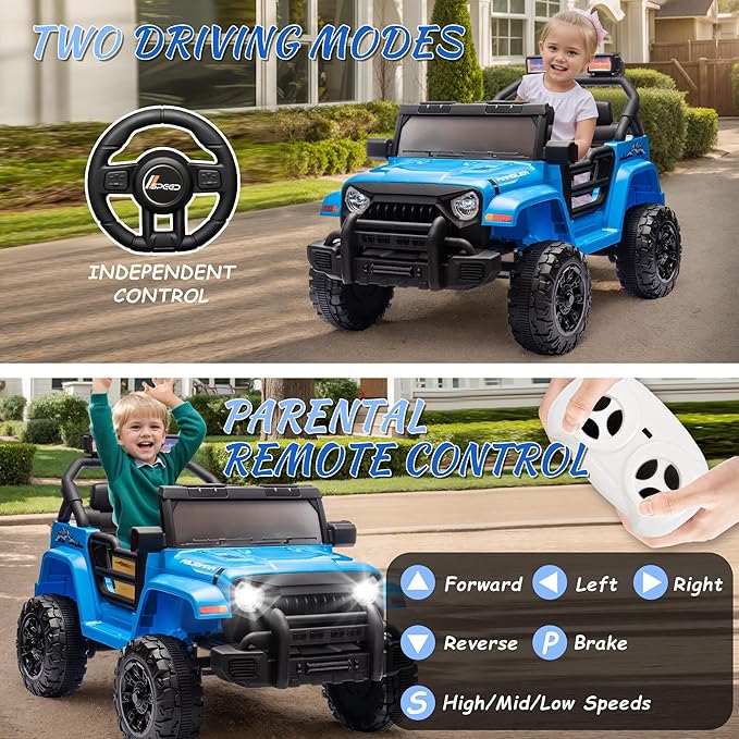 Kid's Ride on Truck Car, 12V Electric Car W/Parents Control, Ride on Toys for Toddlers with Music, Bluetooth, Four-Wheels Suspension, USB, Headlights, Blue