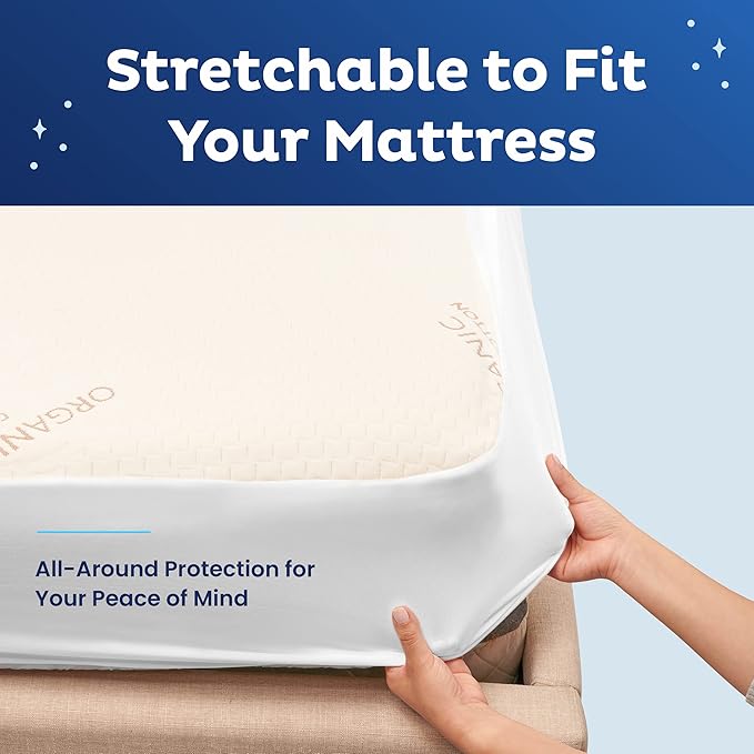 Memory Foam Mattress Protector – Organic Cotton with Eco-Friendly Greenshield Water Resistance – Kool-Flow Breathable Stretch Fabric – All USA Made – Best for Plush Beds – Full