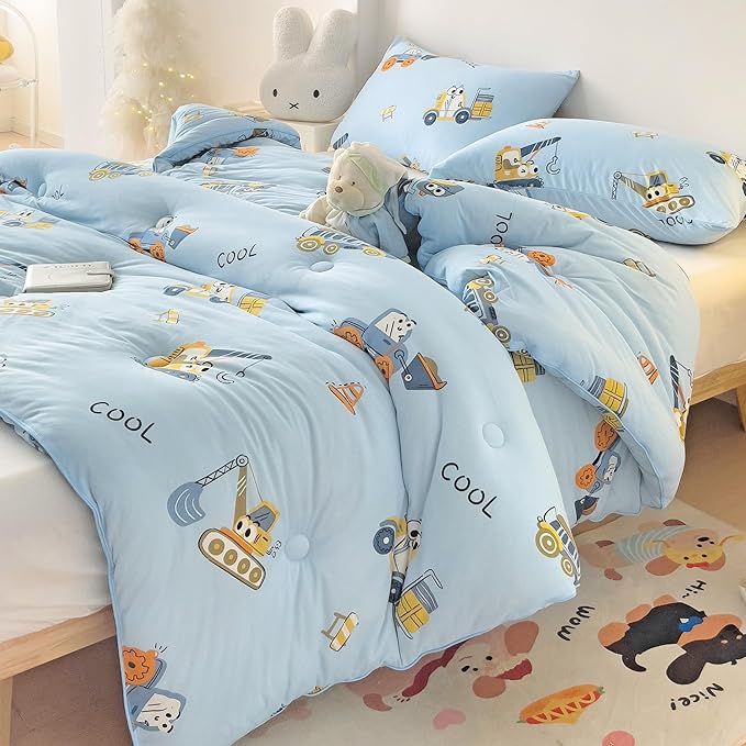 3PCS Comforter Twin Size Bed Set, Ultra Soft Marshmallow Fluffy Comforter Sets, Cute Bedding Set for Kids Boys Teen, Microfiber Lightweight All Seasons Bedroom (Truck)