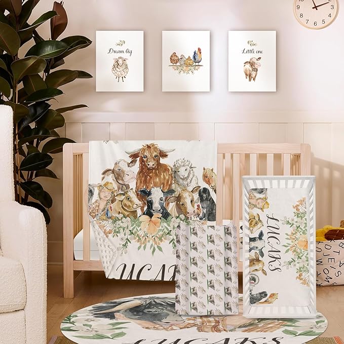 Personalized Baby Crib Bedding Set, Custom Name Nursery Set 5-Piece - Soft Blanket Fitted Sheet Changing Pad Cover Rug and Wall Art, Cute Woodland Animal Theme for Boys Girls