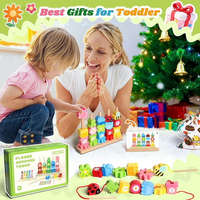 Toys for 2 3 4 Year Old Girl Boy, Wooden Montessori Toys for Ages 2-4 Toddler, Birthday Gifts for Girls Age 2 3 Stacking Blocks & Lacing Beads Sequence for Kids, Toddlers Preschool Learning Activities